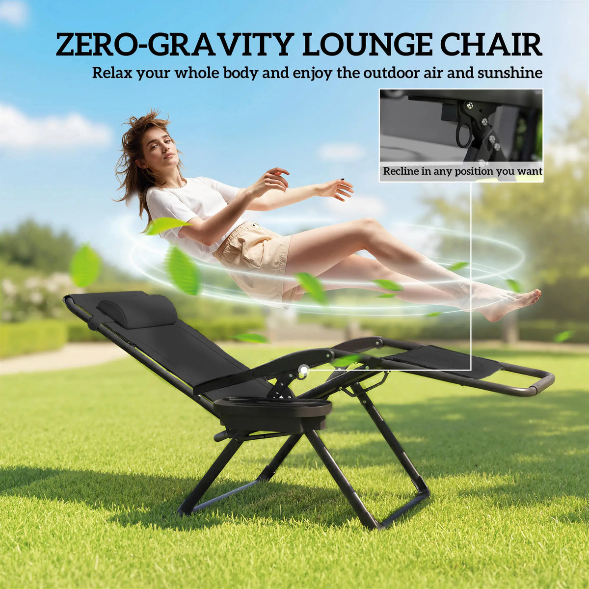 Fauteuil inclinable zéro gravité avec porte-gobelet, capacité de 181 kg, noir
