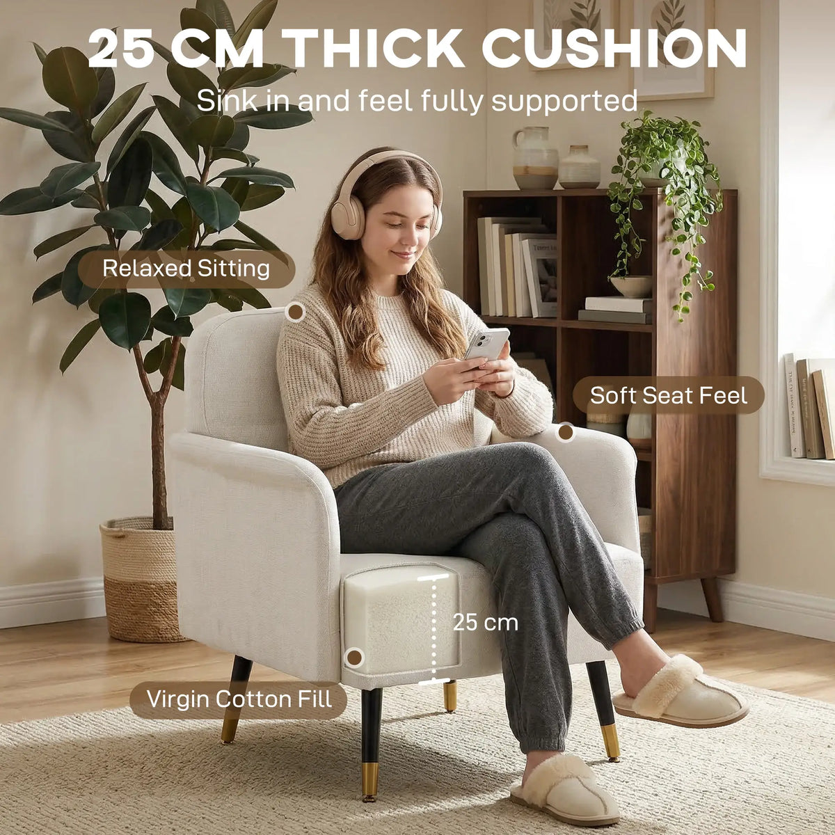 Fauteuil d'appoint moderne capitonné avec pieds en métal, fauteuil de lecture rembourré pour salon, blanc crème