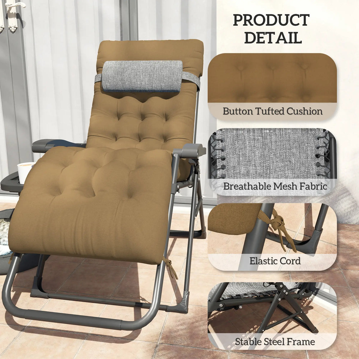 Fauteuil inclinable pliant rembourré, chaise longue de patio avec porte-gobelet, dossier réglable, coussin amovible, kaki clair