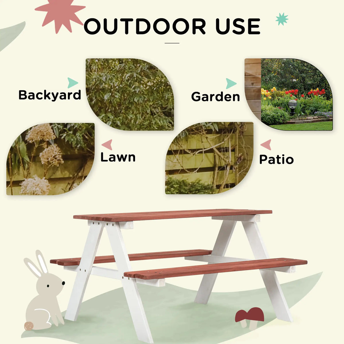 Ensemble de table et bancs de pique-nique en bois pour 4 enfants de 3 à 8 ans, Kids Outdoor Table, montage facile, bois naturel