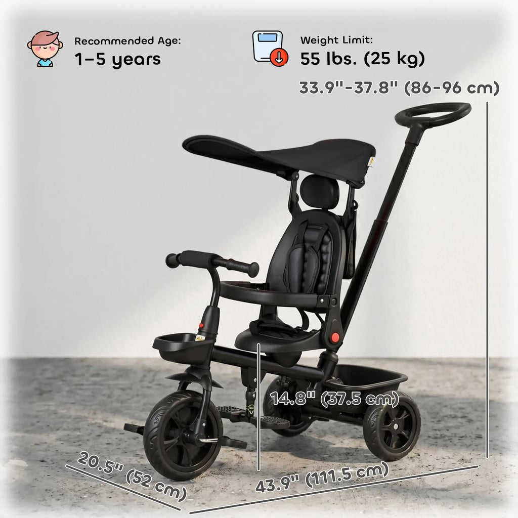 Tricycle 5 en 1 pour enfants de 1 à 5 ans : transforme la poussette en vélo, dossier réglable, capote plate, barre de sécurité et poignée amovibles. Couleur : noir.