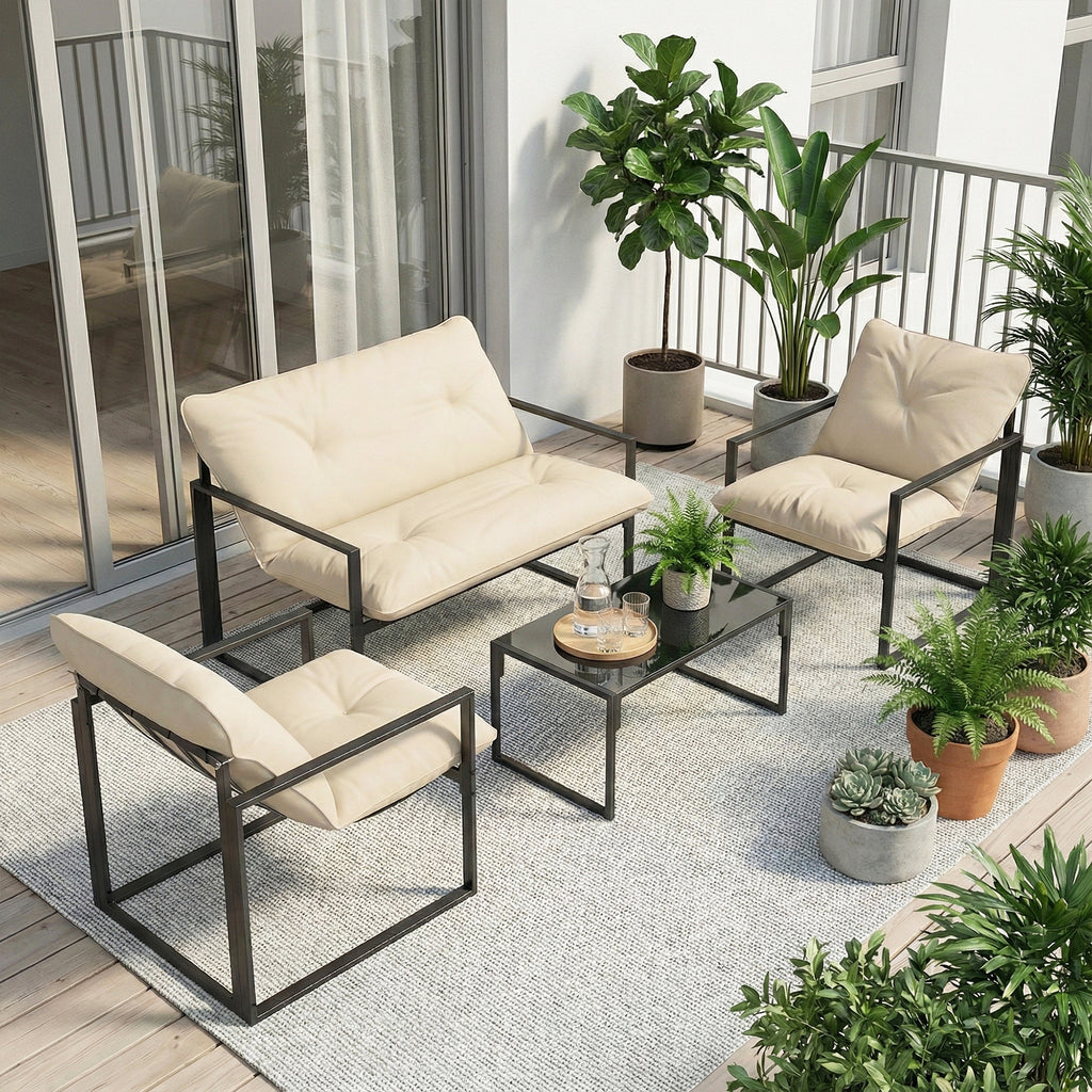 Ensemble de mobilier de jardin 4 pièces, salon de jardin avec table en verre trempé, causeuse, 2 chaises et coussins, beige