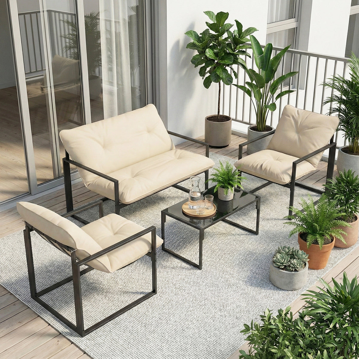 Ensemble de mobilier de jardin 4 pièces, salon de jardin avec table en verre trempé, causeuse, 2 chaises et coussins, beige