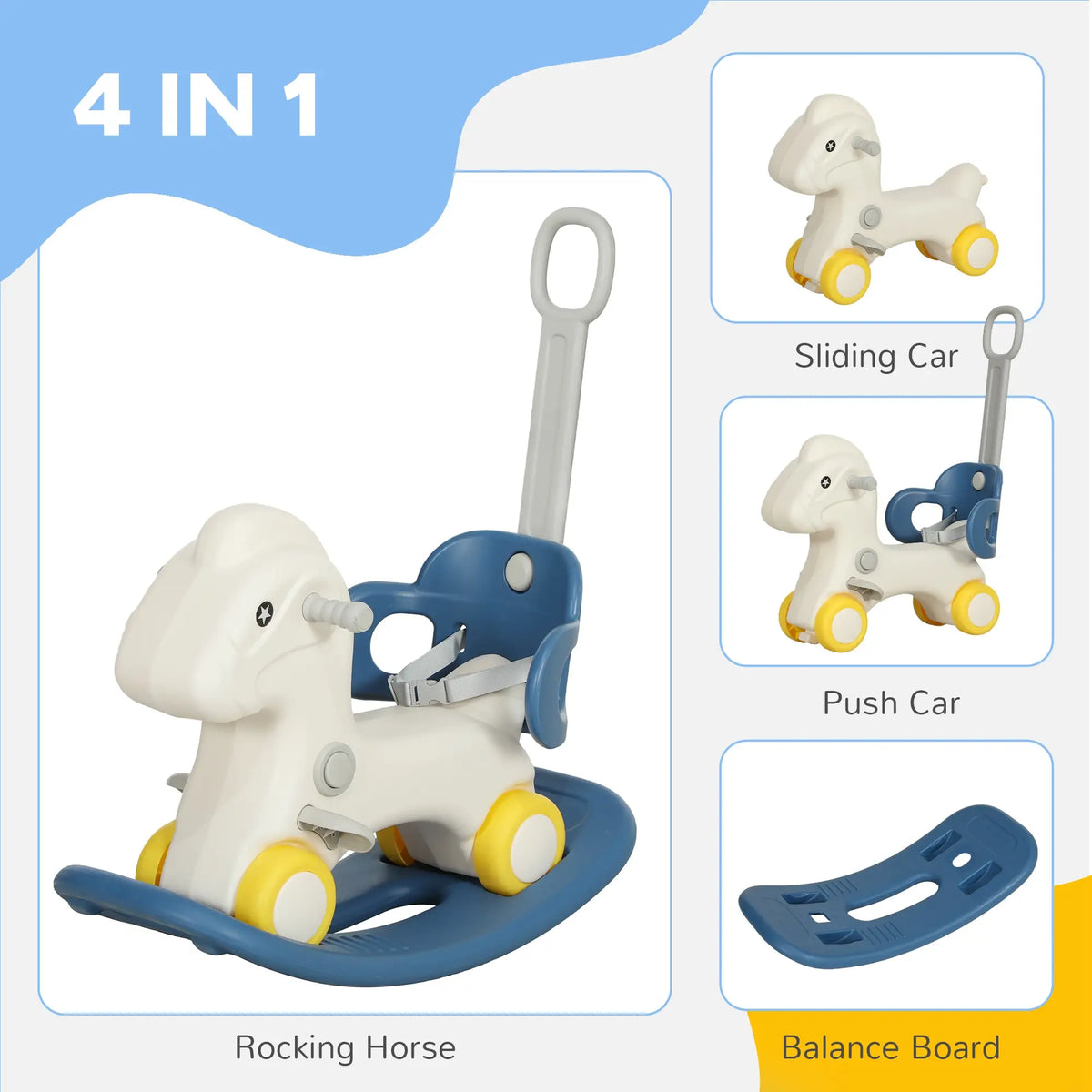 Cheval à bascule 4 en 1 pour enfants avec planche d'équilibre amovible et poignée de poussée, bleu