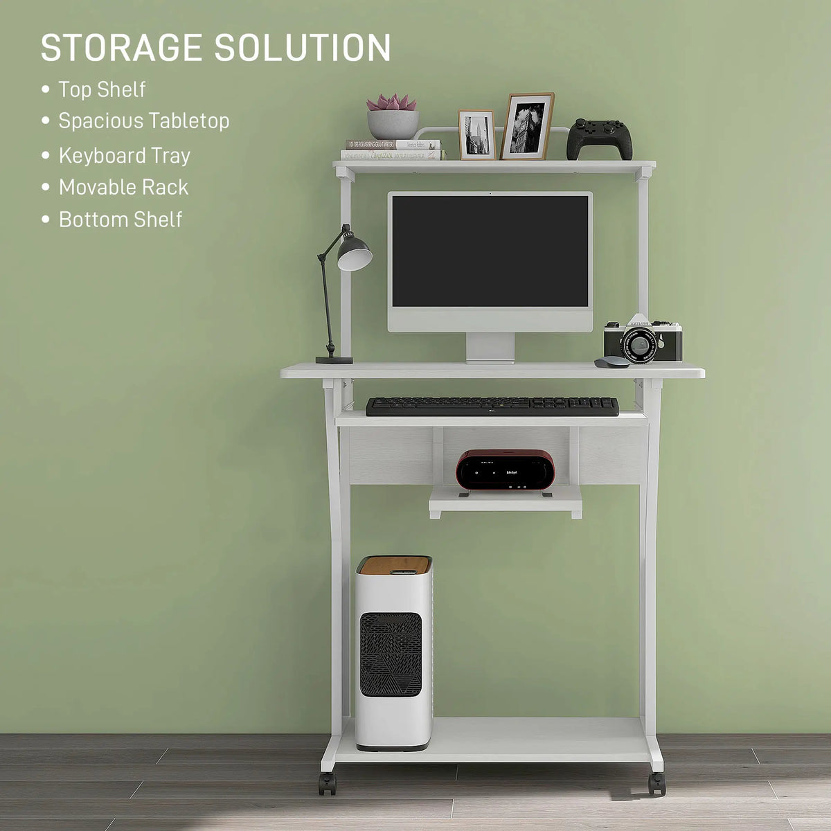 Table d'ordinateur mobile 32", bureau à roulettes pour bureau à domicile avec plateau pour clavier, étagères de rangement, roulettes, blanche
