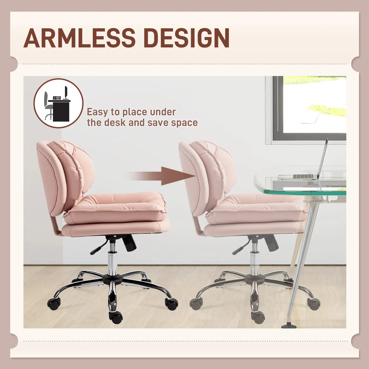 Fauteuil de bureau pivotant, large, avec revêtement en similicuir, inclinable, sans accoudoirs, rose