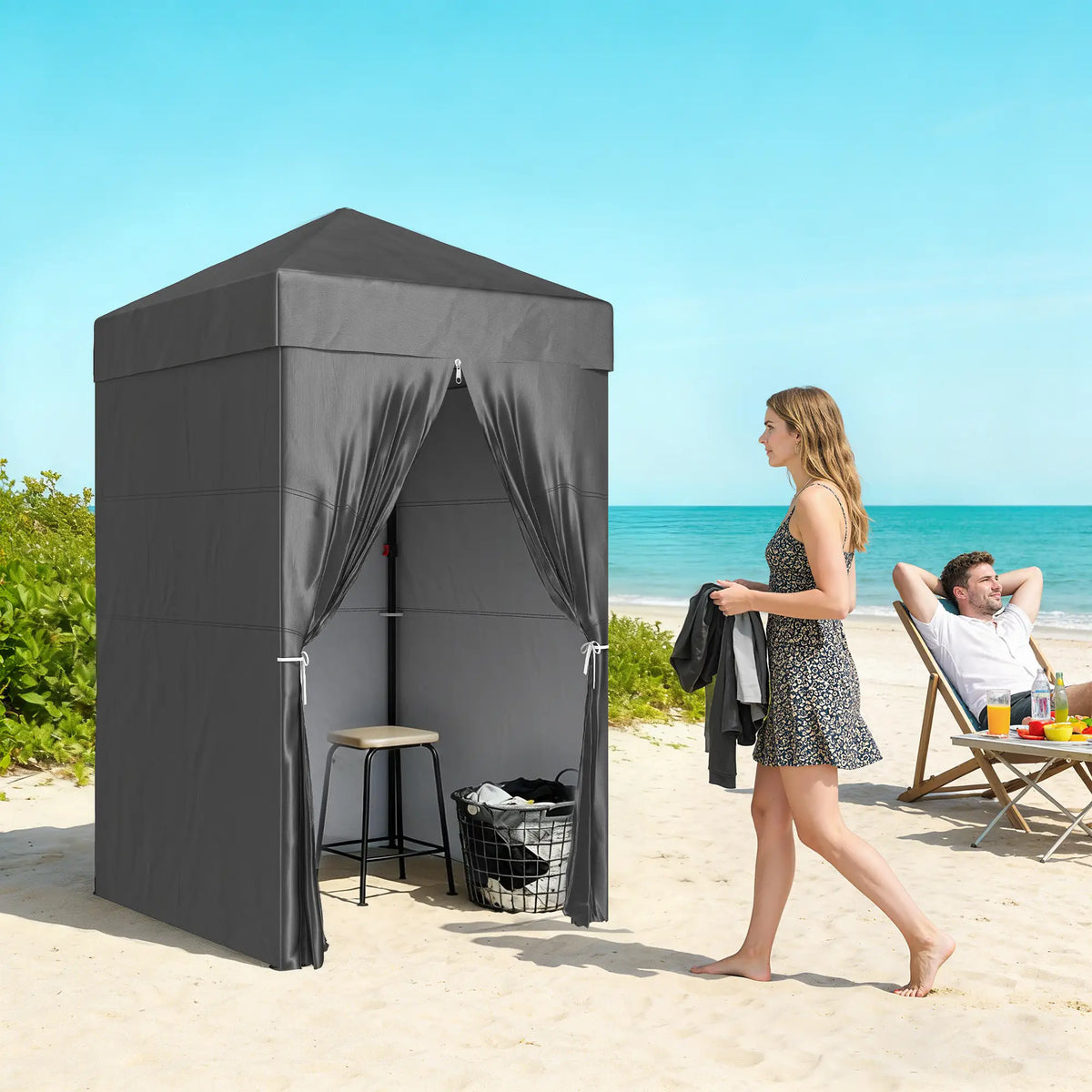 Tente pliante compacte 120 x 120 cm, cabine d'essayage UPF 50+, abri instantané et portable avec fenêtre en filet, gris foncé