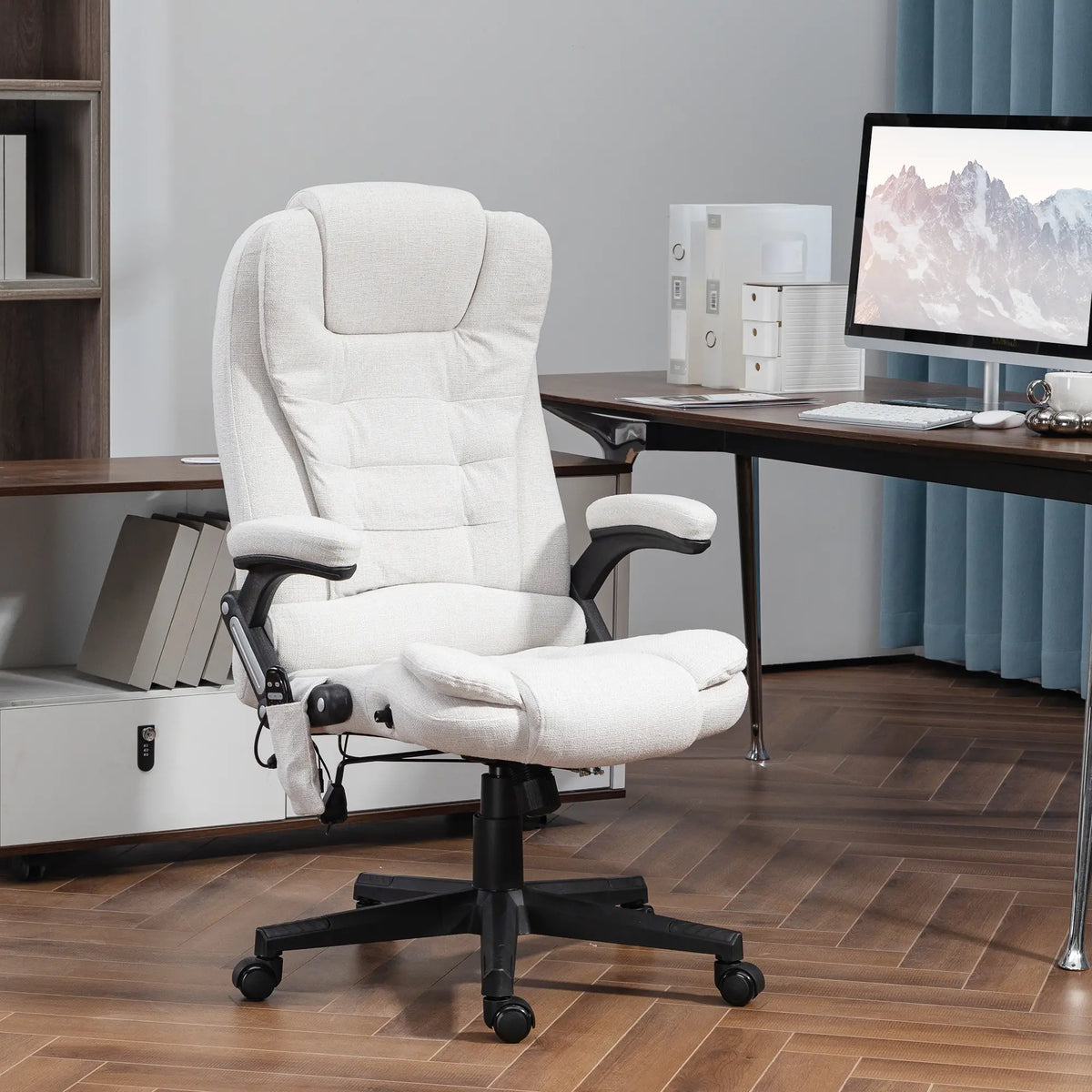Fauteuil de bureau massant inclinable, fauteuil de direction avec dossier haut et roulettes pivotantes, blanc