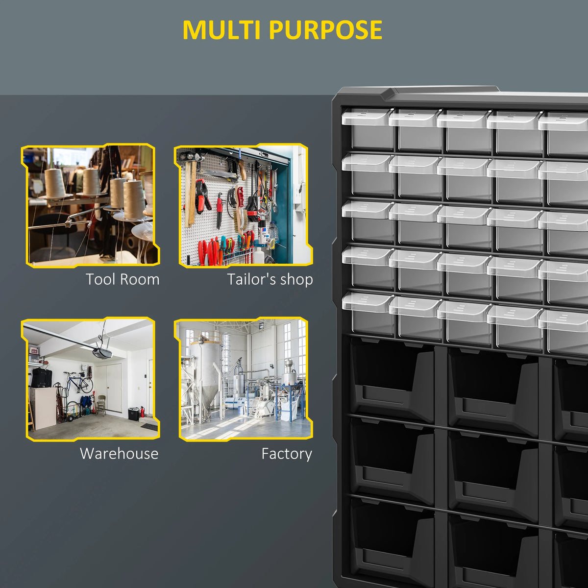 Armoire de rangement murale en plastique noir à 39 tiroirs pour petites vis, boulons et outils