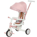 Tricycle 7 en 1 pour tout-petits avec harnais de sécurité, poignée parentale réglable et amovible, capote, sac de rangement et frein, rose
