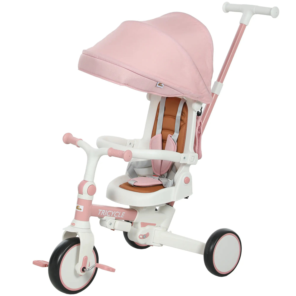 Tricycle 7 en 1 pour tout-petits avec harnais de sécurité, poignée parentale réglable et amovible, capote, sac de rangement et frein, rose