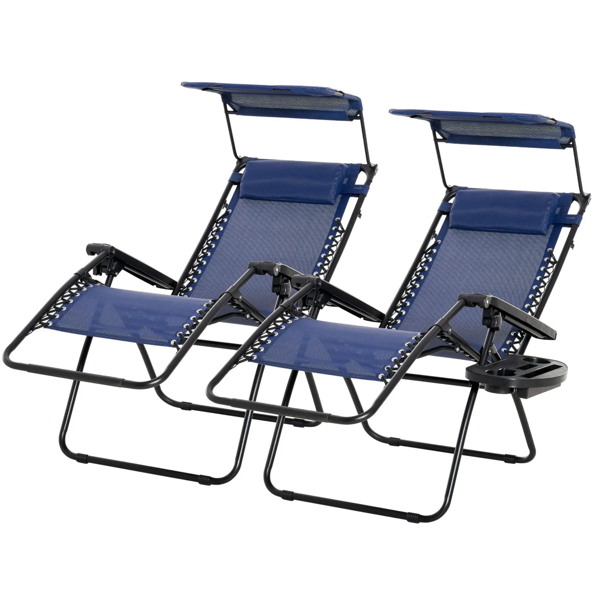 Ensemble de 2 chaises longues Zero Gravity avec auvent, chaise longue pliante d'extérieur avec tablette latérale, porte-gobelet, assise inclinable en maille respirante et coussin, bleu
