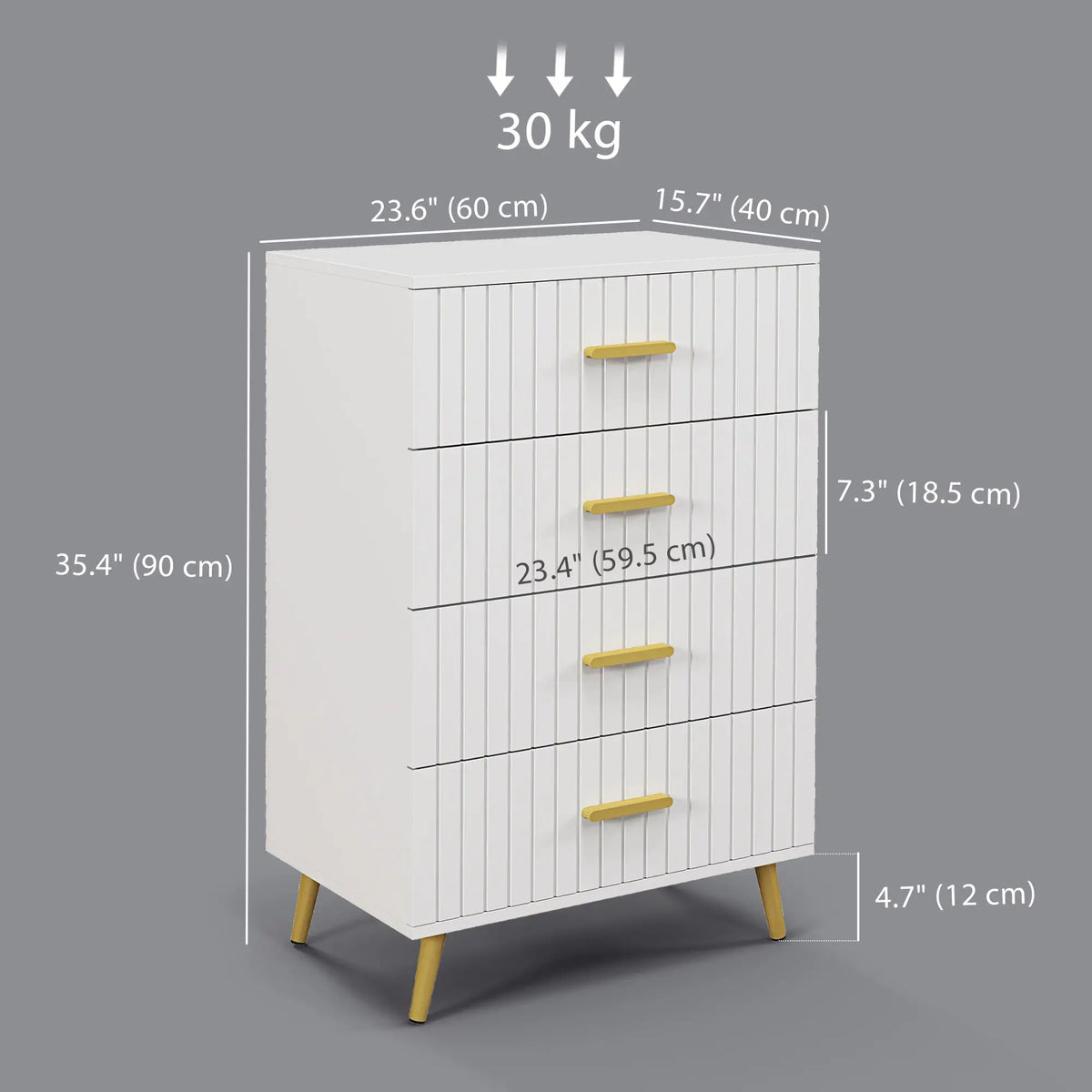 Commode à 4 tiroirs, idéale pour la chambre à coucher, avec pieds en aluminium et poignées dorées, blanche.