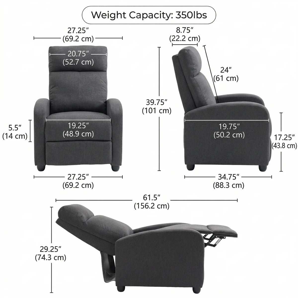 Fauteuil inclinable manuel en tissu, style home cinéma, avec assise rembourrée, pour salon, gris foncé