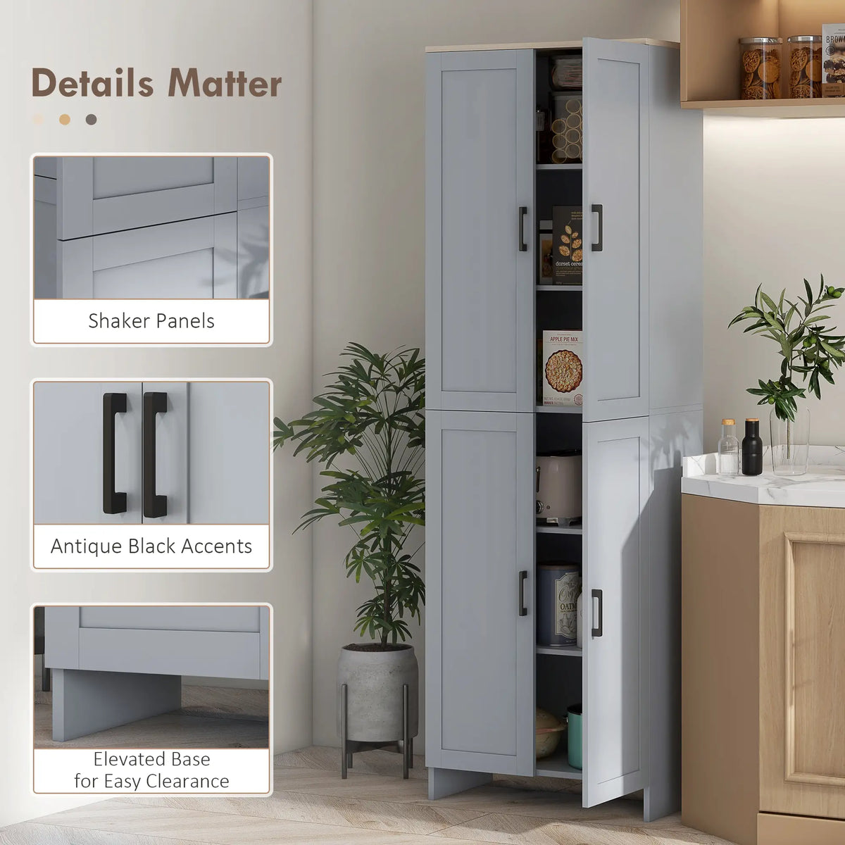 Armoire de cuisine 67" à 4 portes, meuble de rangement autoportant avec étagères réglables, gris