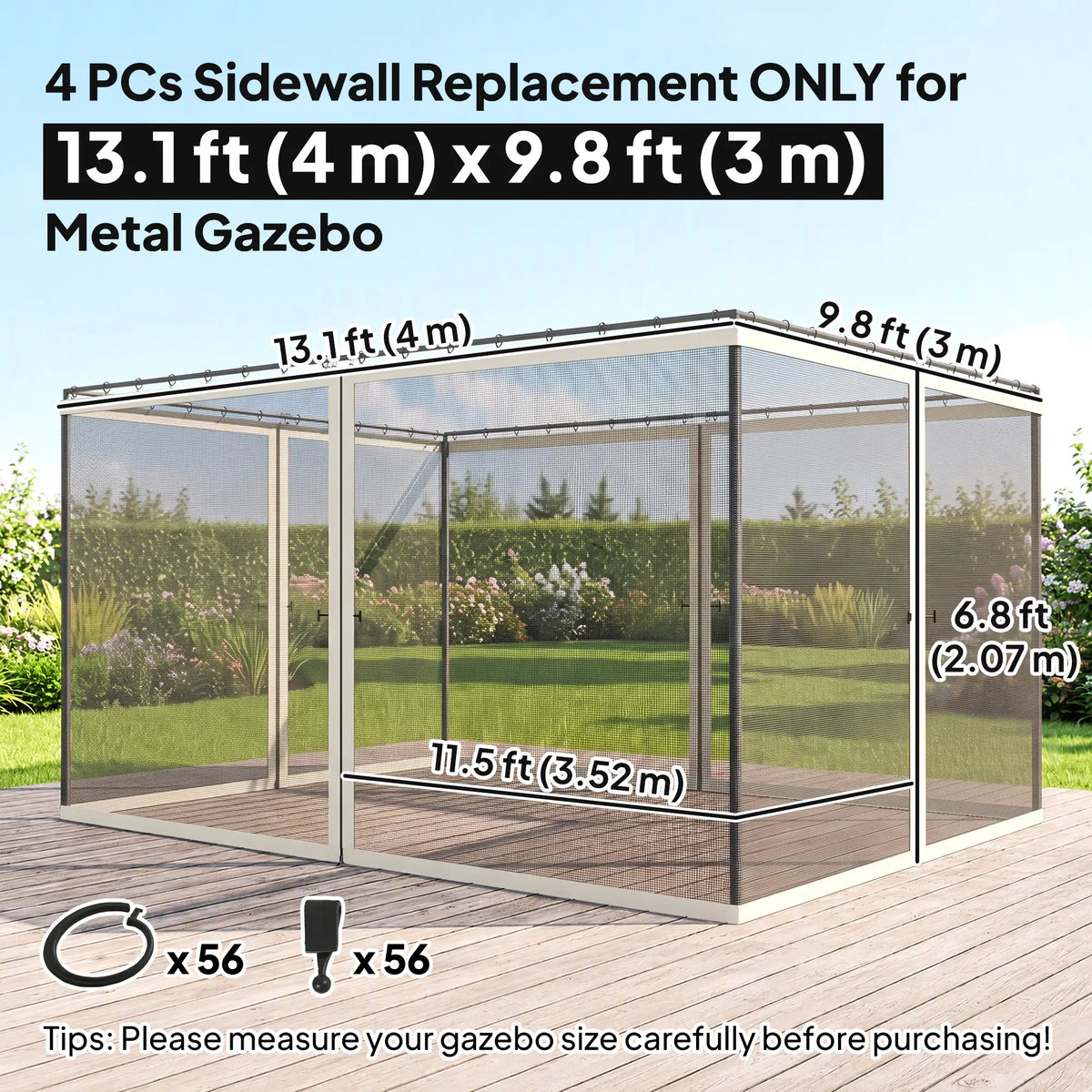 Moustiquaire de rechange pour gazebo 10' x 13', parois en toile noire avec fermetures éclair