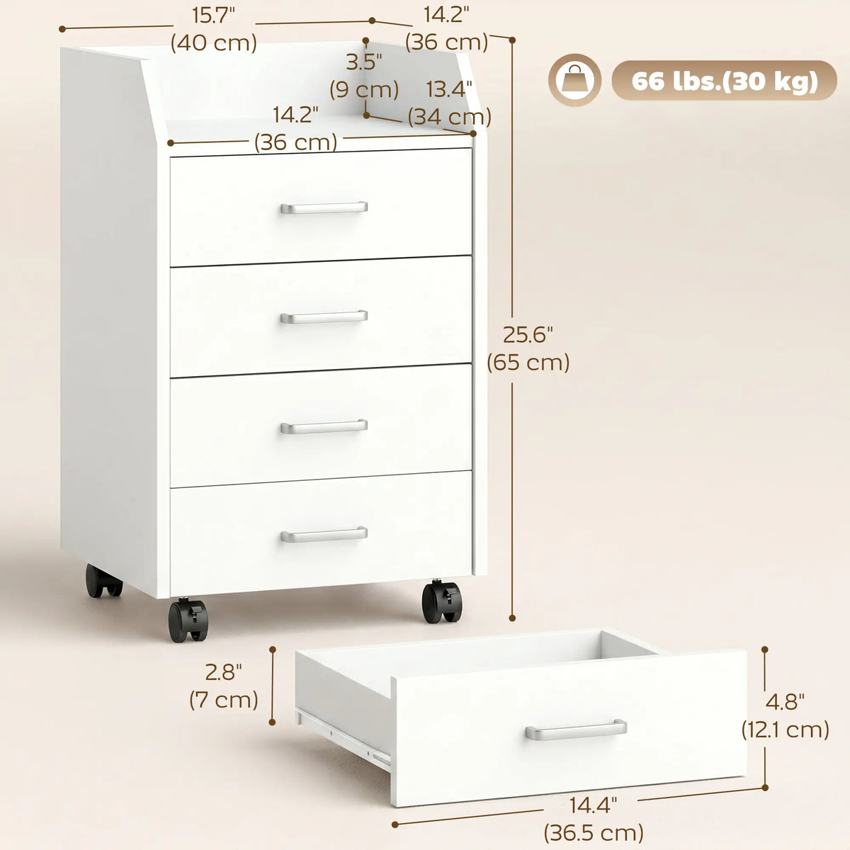 Classeur mobile vertical à 4 tiroirs, avec roulettes verrouillables, blanc, idéal pour le bureau à domicile.